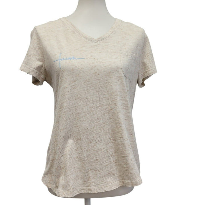 Hand Printed Upcycled Womens Large Light Blue FAITH Short Sleeve Tee Shirt