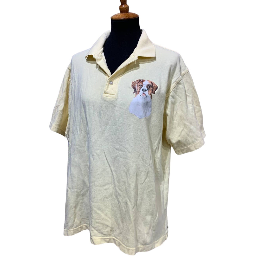 Hand Printed Upcycled Large St Bernard Puppy Dog Collared Pima Cotton Polo Shirt