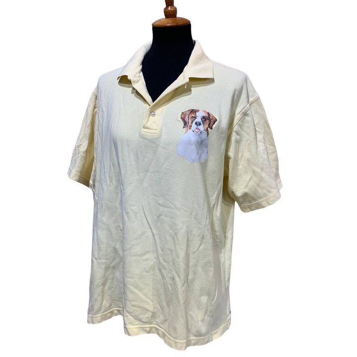 Hand Printed Upcycled Large St Bernard Puppy Dog Collared Pima Cotton Polo Shirt