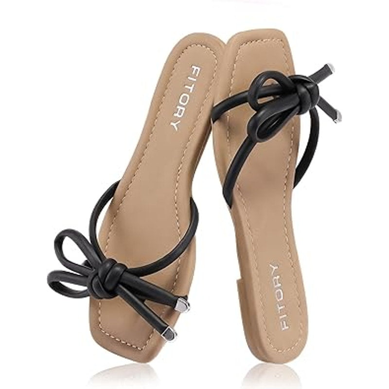 Fitory Womens Size 8 Black Open Toe Knotted Bows Flat Slip On Sandals Shoes
