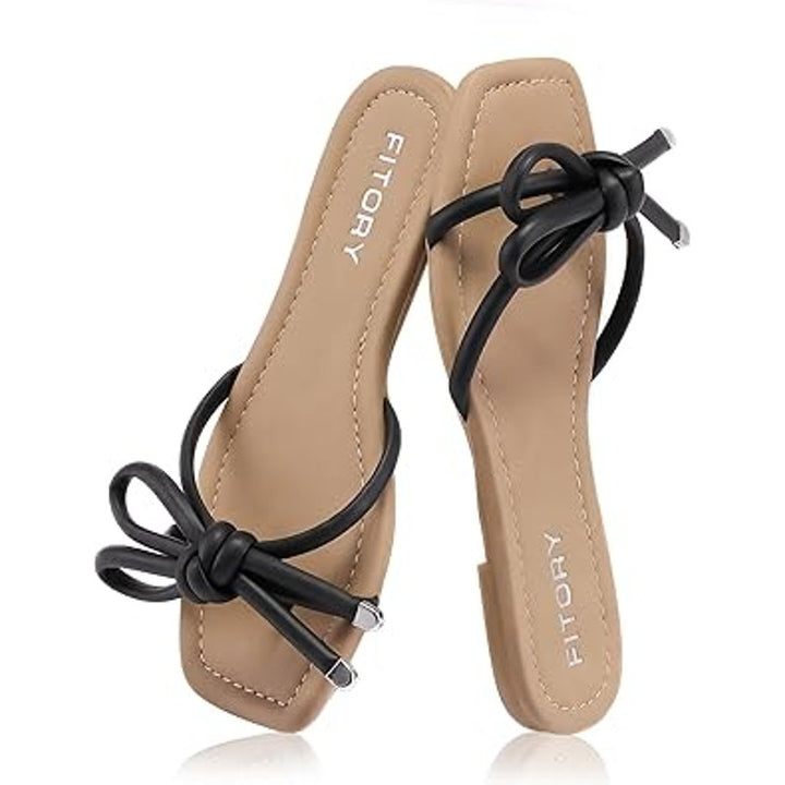 Fitory Womens Size 8 Black Open Toe Knotted Bows Flat Slip On Sandals Shoes