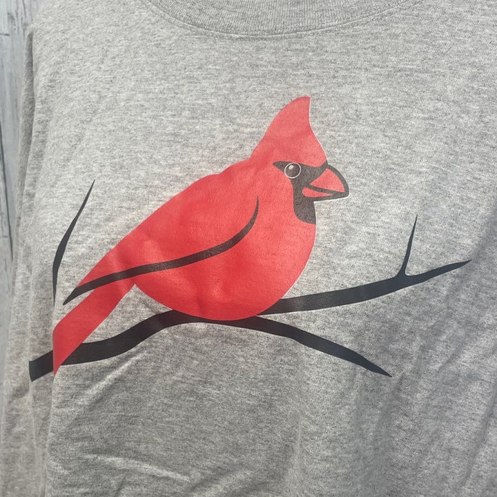 Hand Printed Upcycled XL Red Cardinal Bird Short Sleeve Cotton Blend T-Shirt