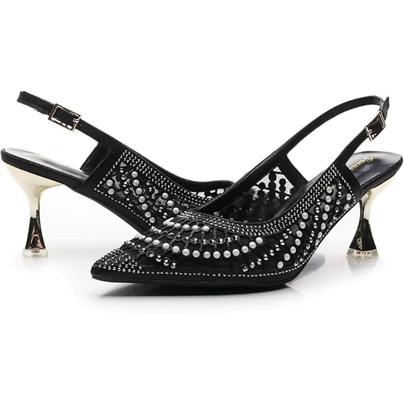 VenusCelia Womens 8.5 Black White Silver Beaded Pointy Toe 3" Slingback Heels