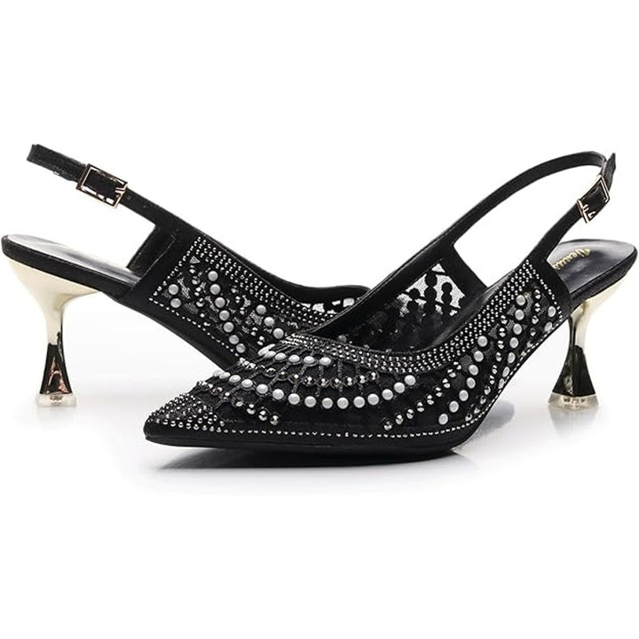 VenusCelia Womens 8.5 Black White Silver Beaded Pointy Toe 3" Slingback Heels