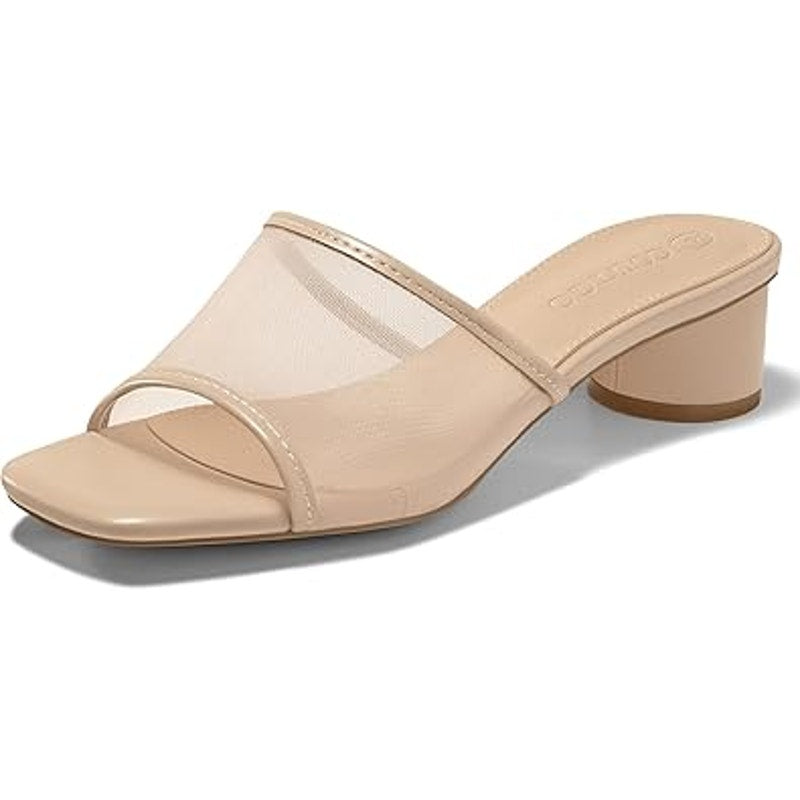 Coutgo Womens Size 8 Tan Mesh Open Toe Slide On 2" Chunky Heel Sandal Shoes