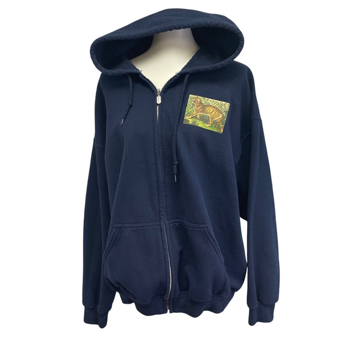 Hand Printed Upcycled Mens XL Wild Tiger Cotton Blend Sweatshirt Hoodie Jacket