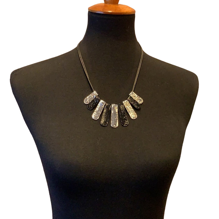 New Silver Black Metal Gladiator Tab Leather Corded Statement Necklace Gift Box