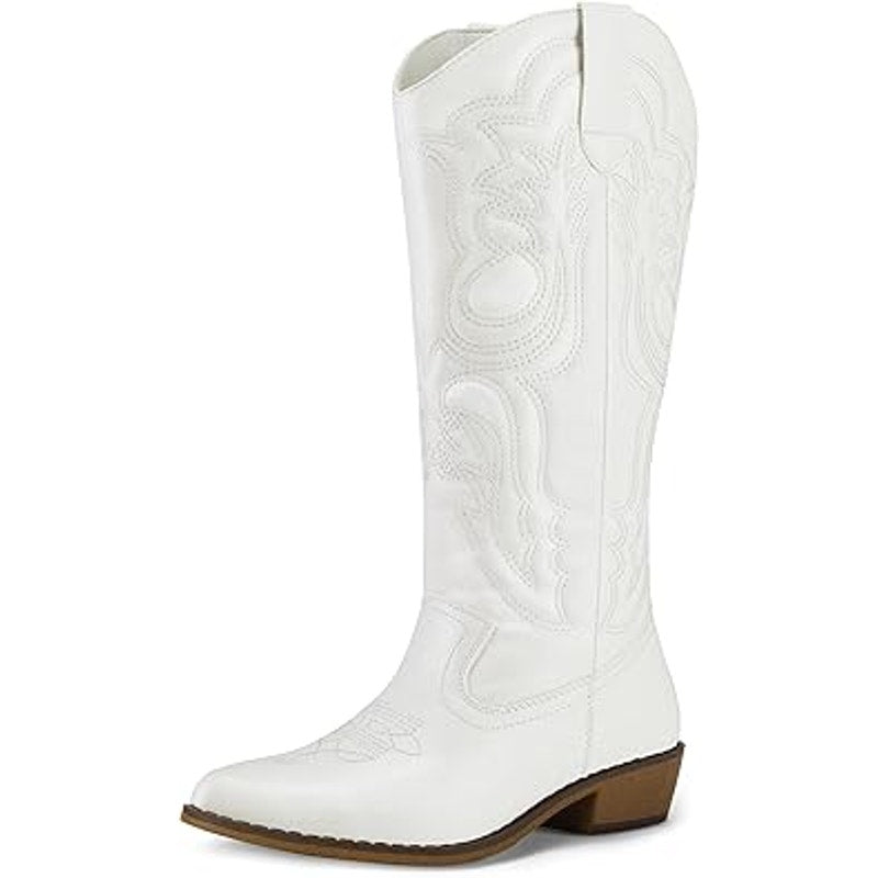 MySoft Womens Size 6.5 White Faux Leather 1.5" Chunky Heel Mid Calf Cowboy Boots