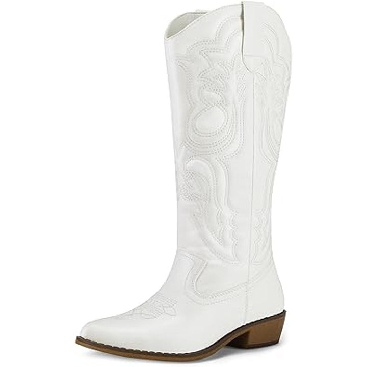 MySoft Womens Size 6.5 White Faux Leather 1.5" Chunky Heel Mid Calf Cowboy Boots