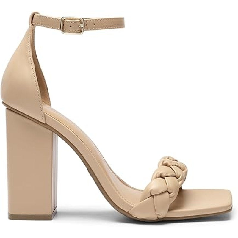 Dream Pairs Womens Size 9 Tan Braided 4" Block Heel Open Toe Ankle Strap Shoes