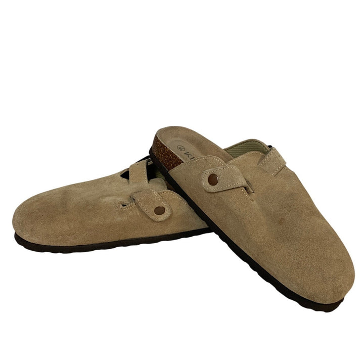 Kidmi Womens Size 8 Beige Tan Clogs Sandal Faux Suede Buckle Slip On Shoes