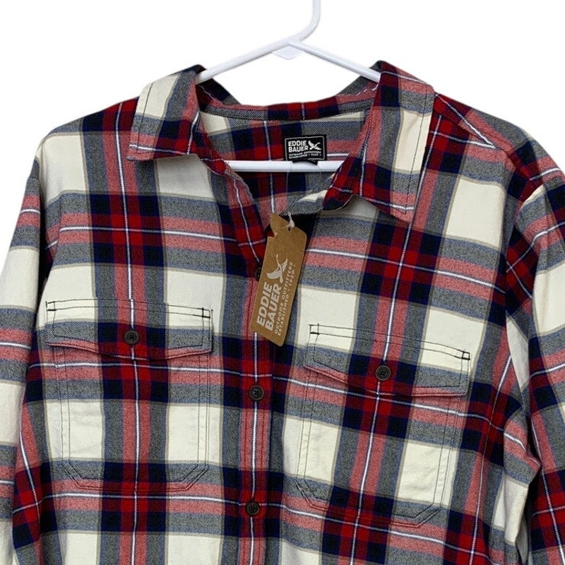 New Eddie Bauer Womens Stines Favorite Red Blue Plaid Flannel Long Sleeve Shirt