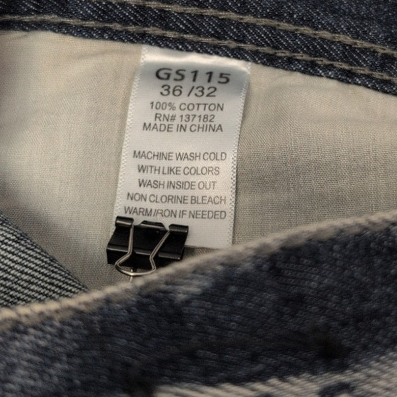 GS115 Mens 36X32 100% Cotton Factory Faded &amp; Distressed Embroidered Denim Jeans