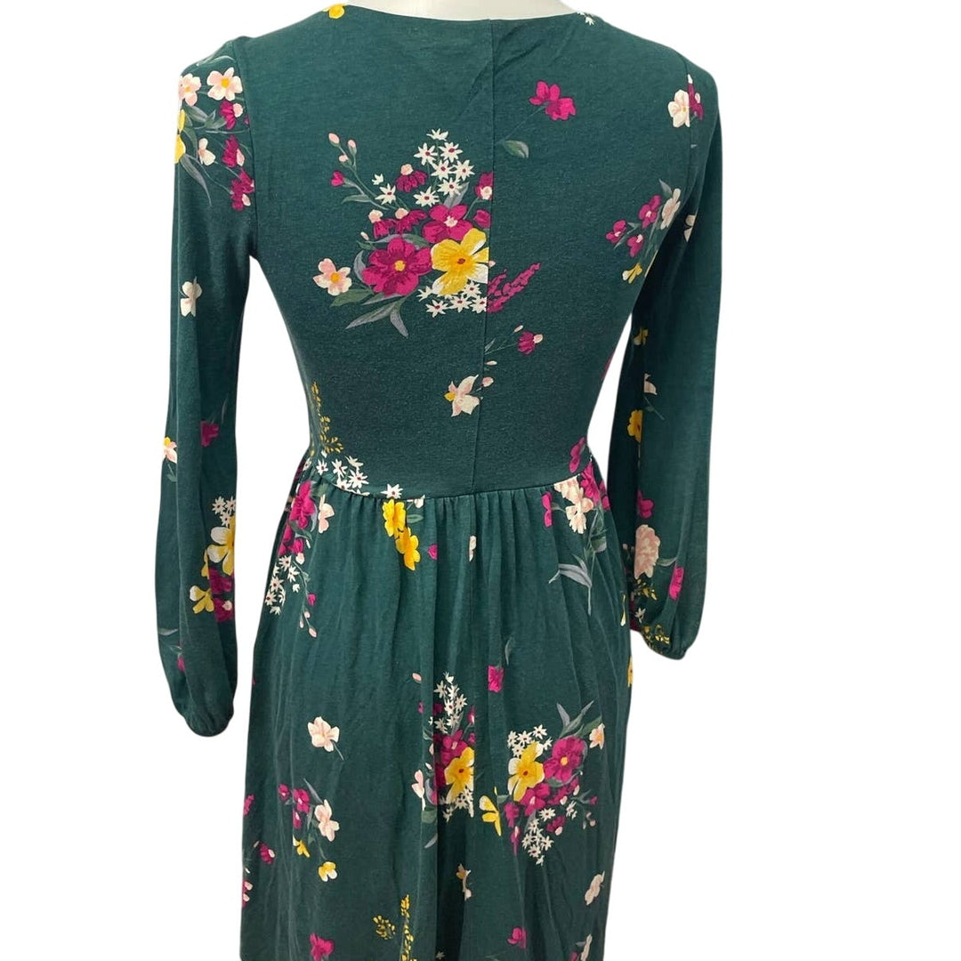 Old Navy XS Long Sleeve Deep V-Neck Rayon Blend Fit &amp; Flare Green Floral Dress