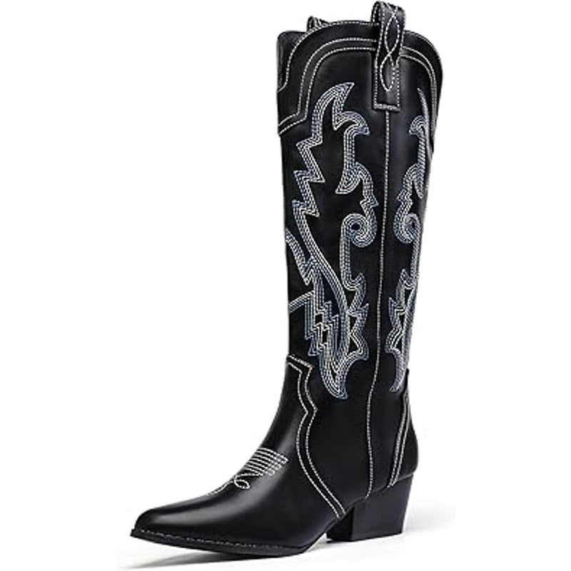 Idifu Womens Size 7 Black Faux Leather Embroidered 2.5" Block Heel Cowboy Boots