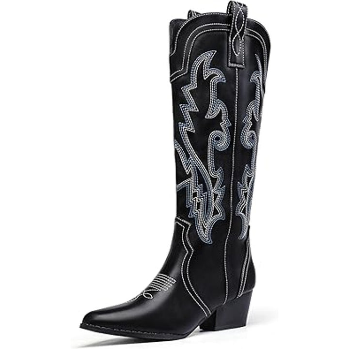 Idifu Womens Size 7 Black Faux Leather Embroidered 2.5" Block Heel Cowboy Boots