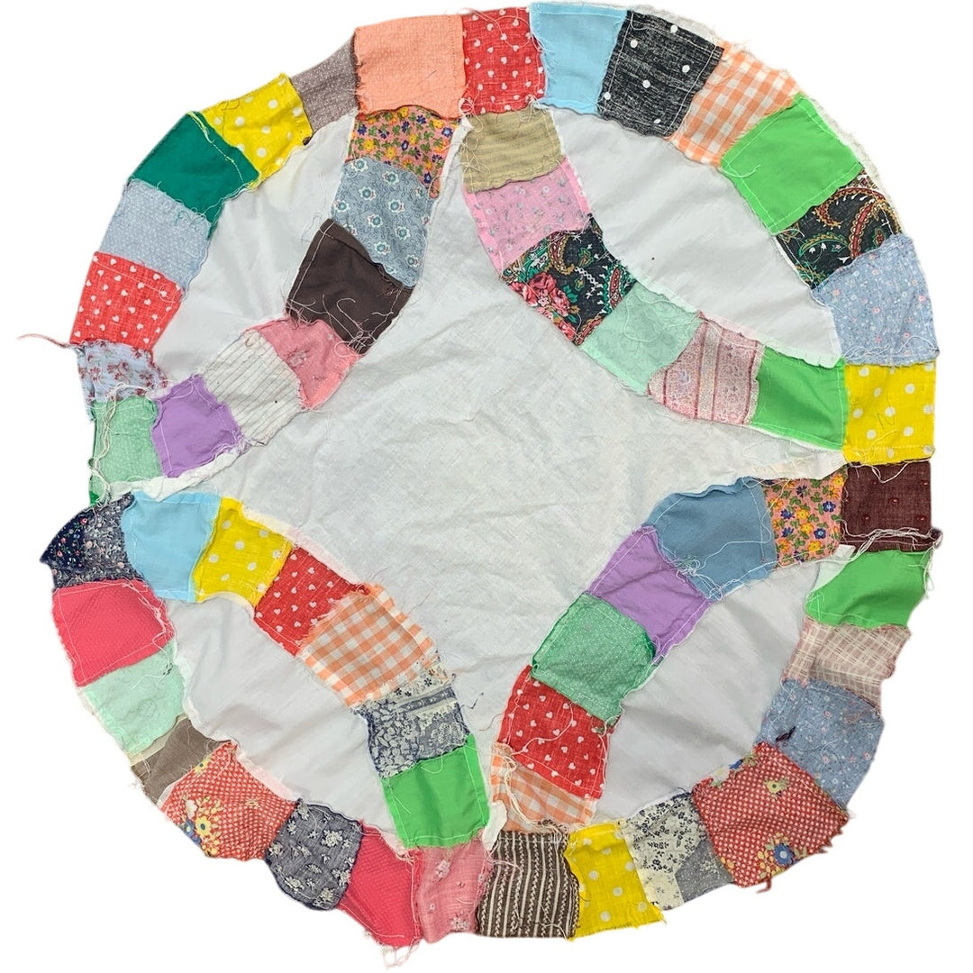 Vintage Hand Pieced Round Cotton Fabric Quilt Topper Hand Sewn Craft Project
