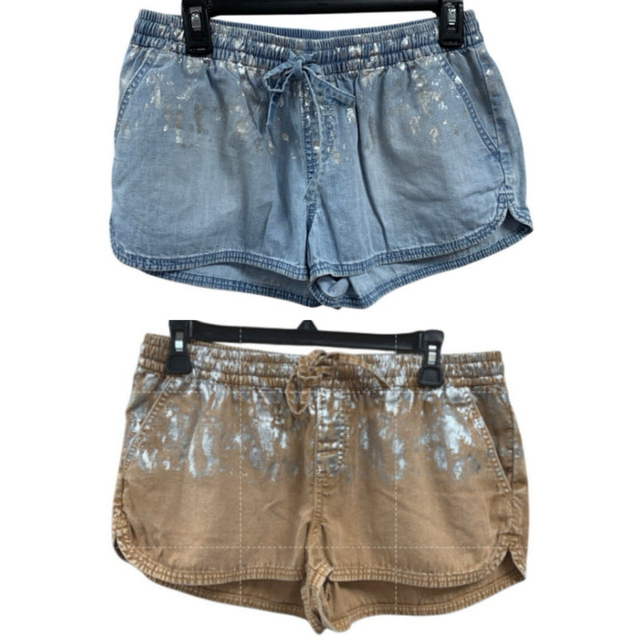 2 New Aerie Womens Small Elastic Drawstring Waist Silver Paint Splatter Shorts