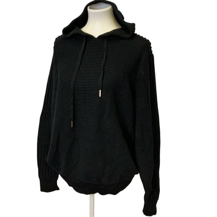 INC Mens Large 100% Cotton Long Sleeve Black Hooded Ribbed Sweater Hoodie