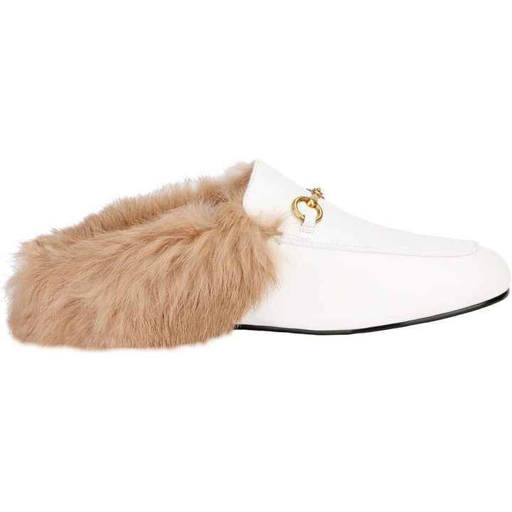Arqa Womens Size 6 White w Brown Fur Rounded Toe Slide On Mule Slipper Shoes