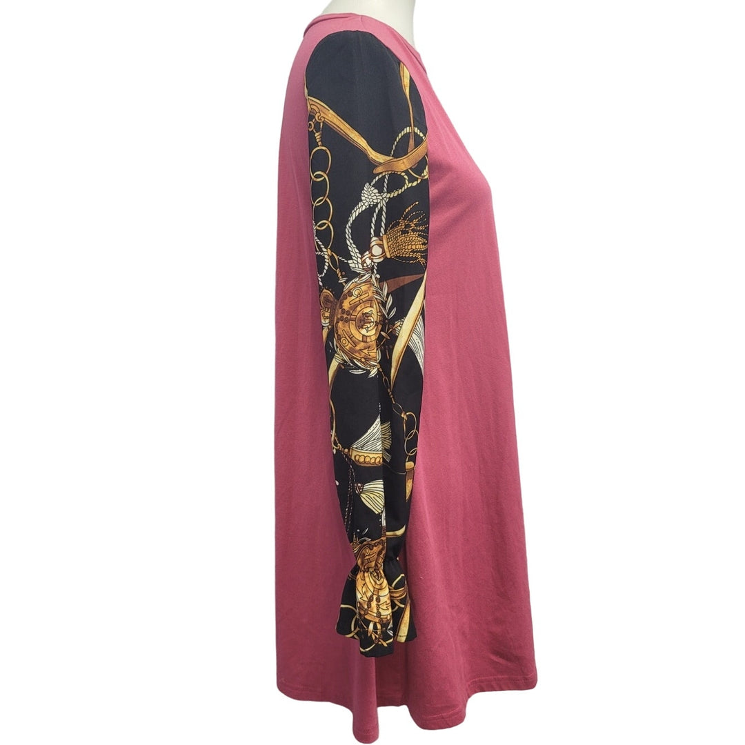 Womens Small PolyCotton Spandex Long Patterned Sleeve Tunic Dress