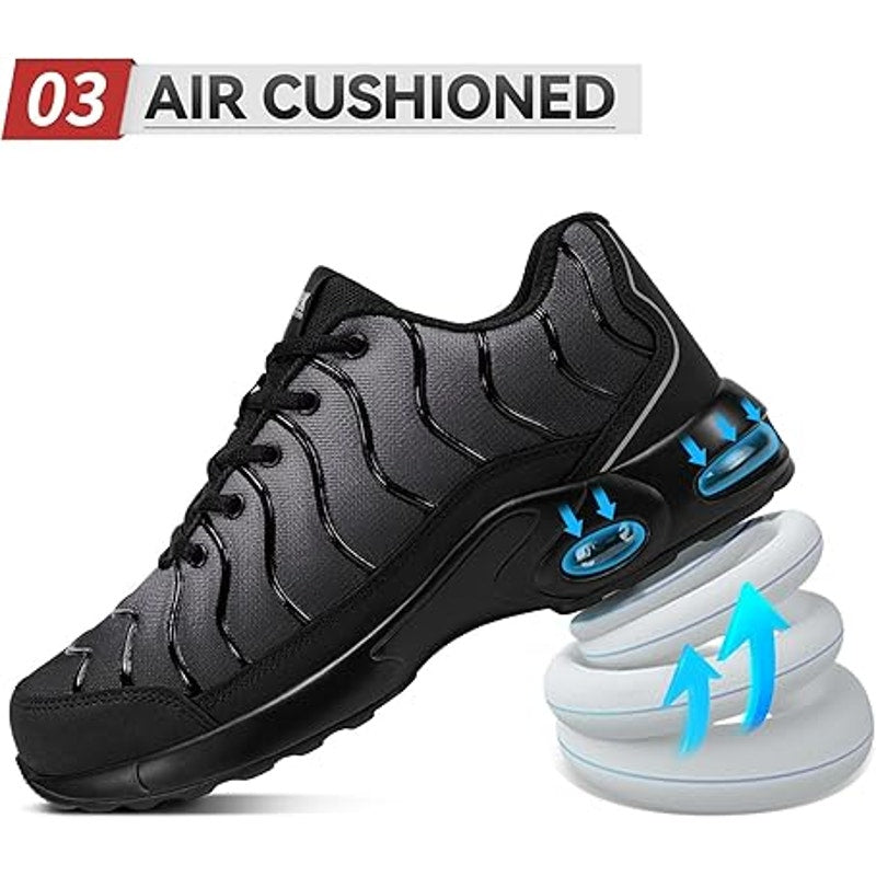 Larnmern Mens 11 Blue Black Steel Toe Air Cushion Breathable Lace Up Work Shoes