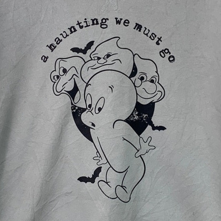 Upcycled Hand Printed Womens Large Casper Ghost A Hunting We Must Go Sweatshirt