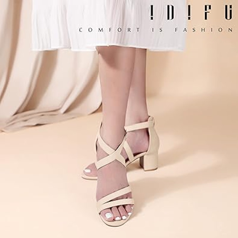 idifu Womens 9.5 Pinky Tan Open Toe 2.25" Block Heel Ankle Strap Sandal Shoes