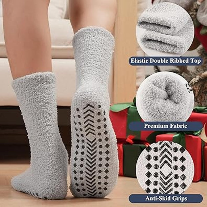 New 5 Pairs Mens Blue Gray Black Warm Thick Fuzzy Non Slip Socks with Grips