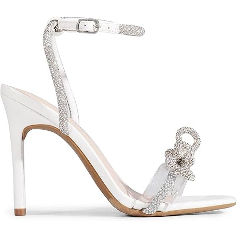 Dream Pairs Womens 10 White Silver Rhinestone Bow Ankle Strap 4.5" Heels Shoes