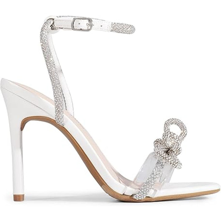 Dream Pairs Womens 10 White Silver Rhinestone Bow Ankle Strap 4.5" Heels Shoes