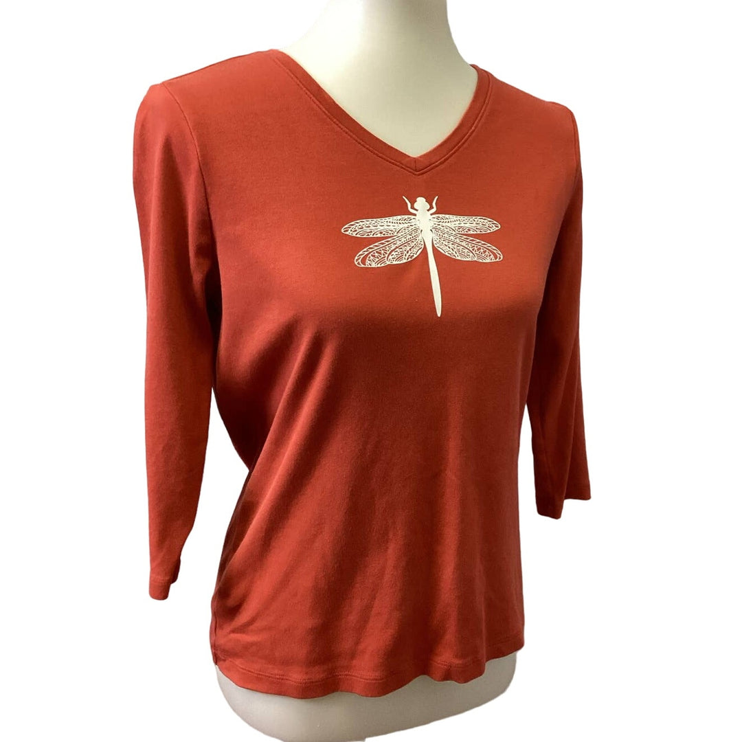 Hand Printed Upcycled Small Dragonfly Cotton Long Sleeve V-Neck Tee Shirt