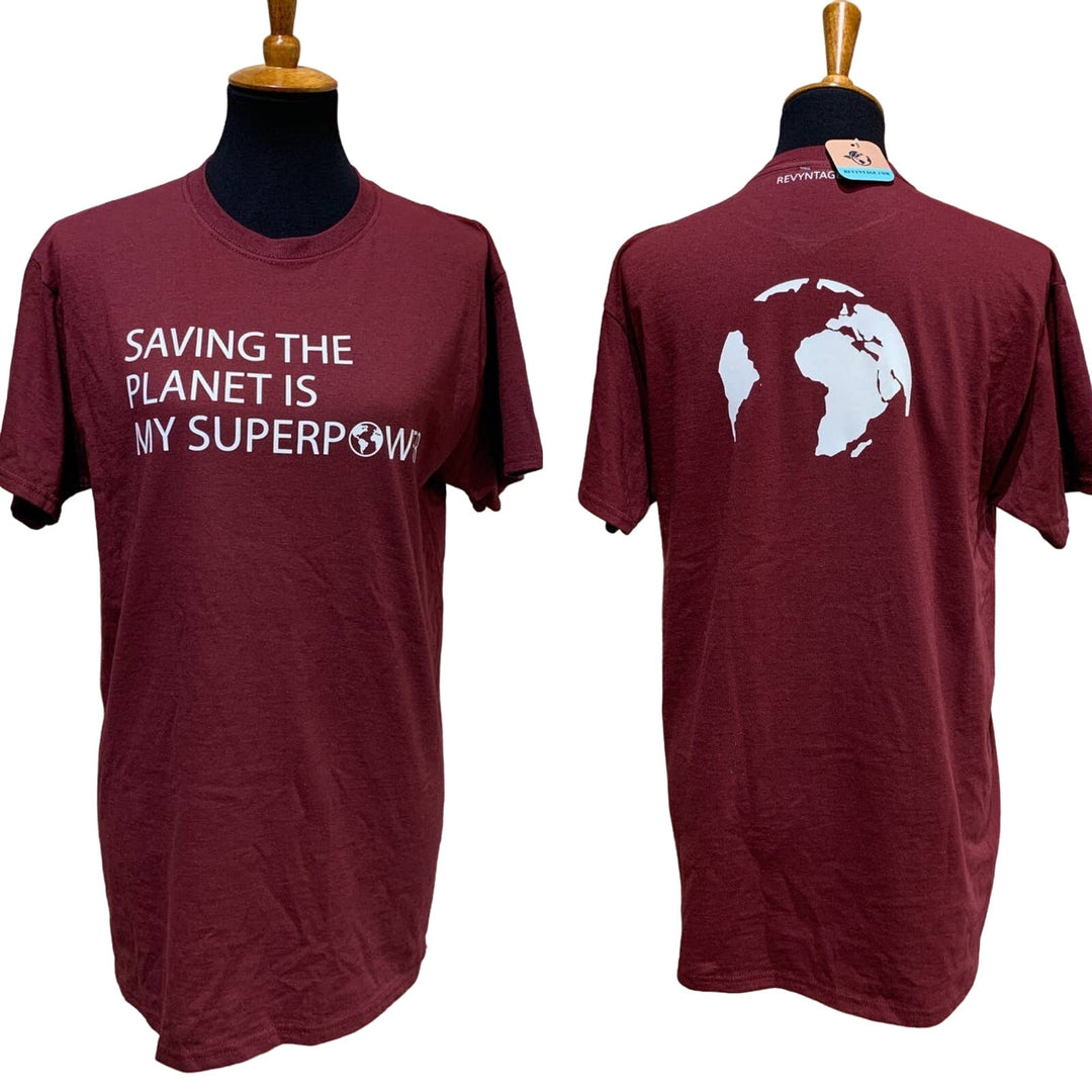 Hand Printed Upcycled Womens Medium Saving the Planet is My Superpower Tee Shirt