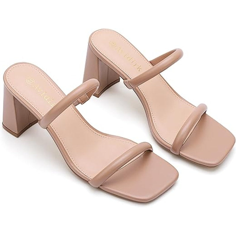 Avidirk Womens Size 8 Tan Open Toe 3.5" Block Heel Slide On 2 Strap Sandal Shoes