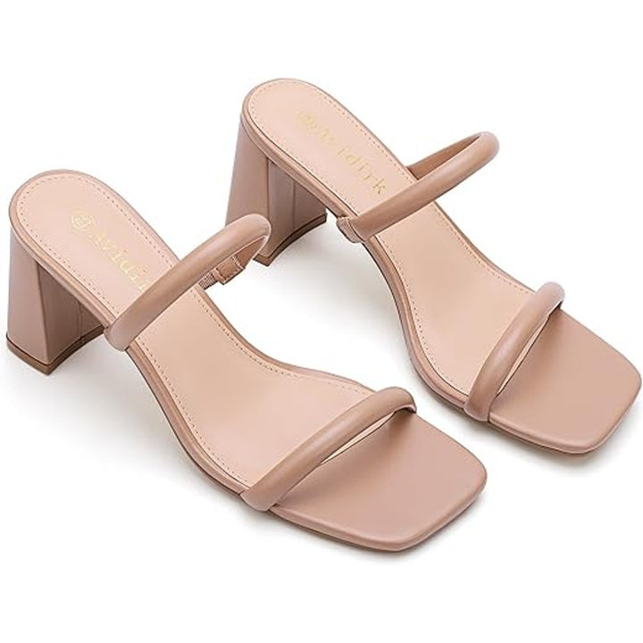Avidirk Womens Size 8 Tan Open Toe 3.5" Block Heel Slide On 2 Strap Sandal Shoes