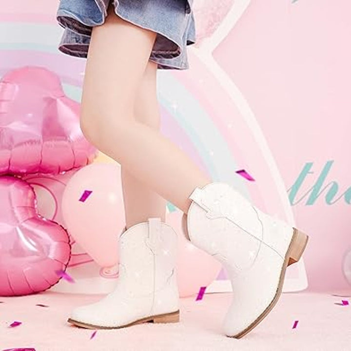 Motasha Toddler Girl 10 White Iridescent Shiny Pull On Western Cowgirl Boots