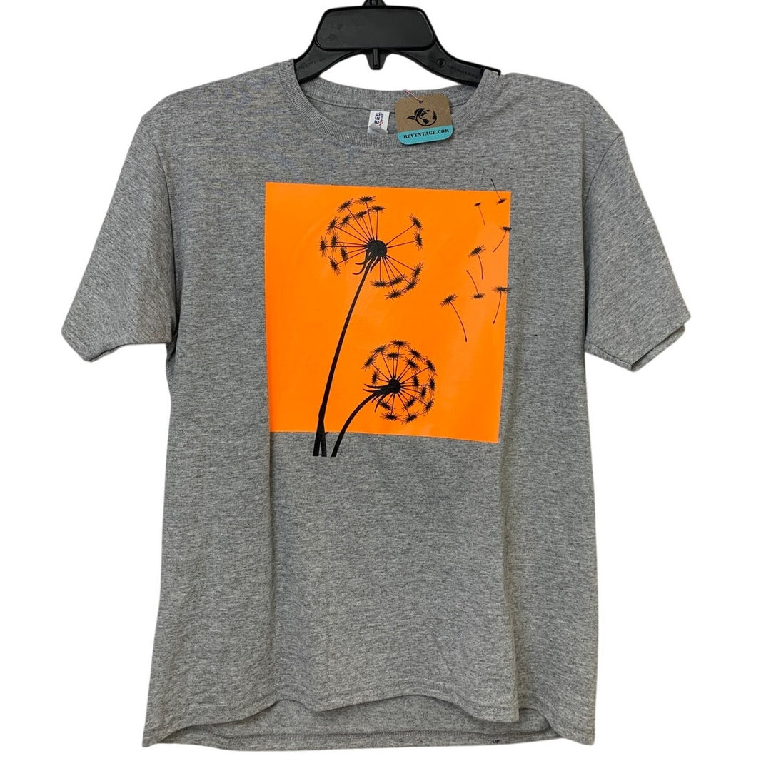 New Upcycled Hand Printed Youth XL Dandelion Wish PolyCotton Crew Neck Tee Shirt