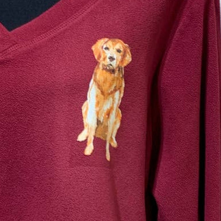 Hand Printed Upcycled 1X Golden Retriever Puppy Dog Long Sleeve Fleece Top