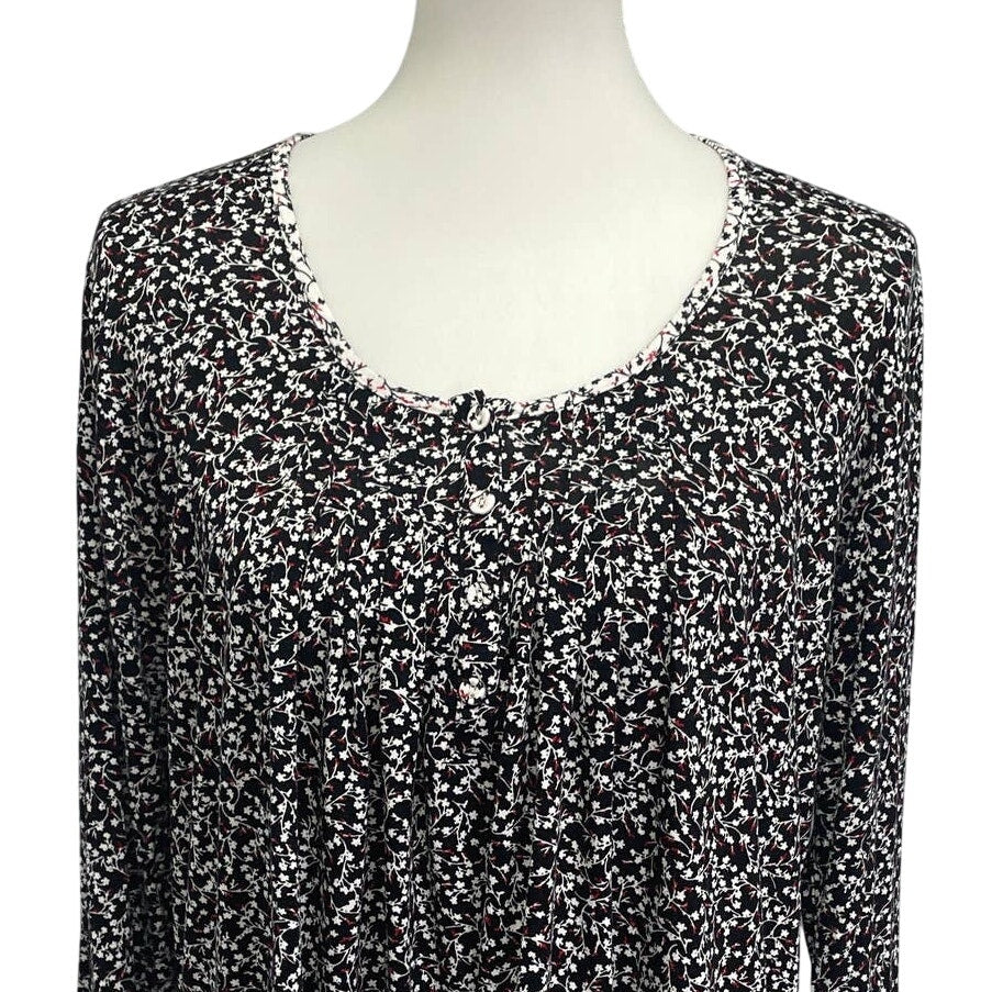 Ellen Tracy Womens Large 1/4 Button Long Sleeve Rayon Blend Floral Tee Shirt