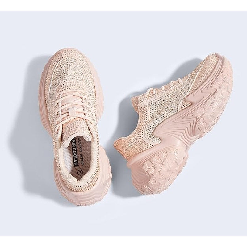 Lucky Step Womens Size 11 Pink Sparkle Chunky Platform Rhinestone Sneakers Shoes