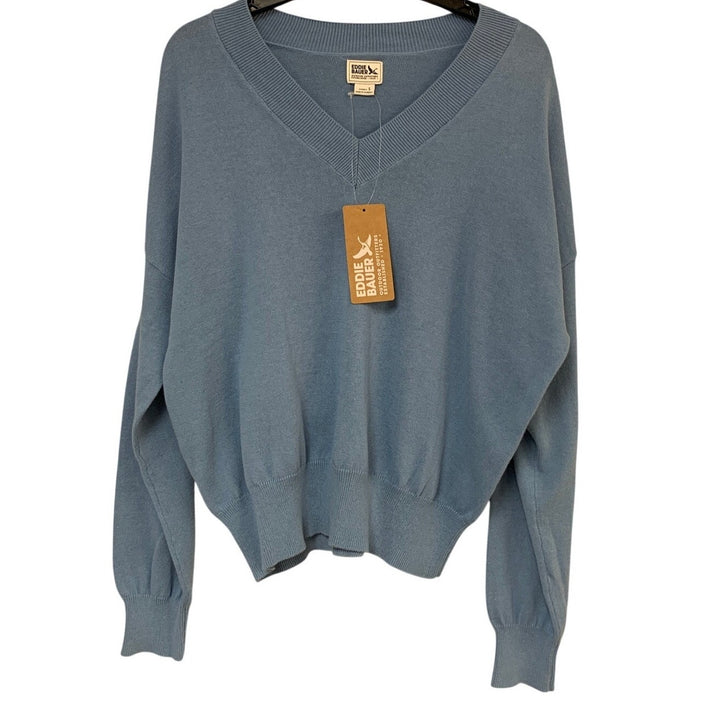 New Eddie Bauer Womens Blue Fog 100% Cotton Everyday Long Sleeve V Neck Sweater