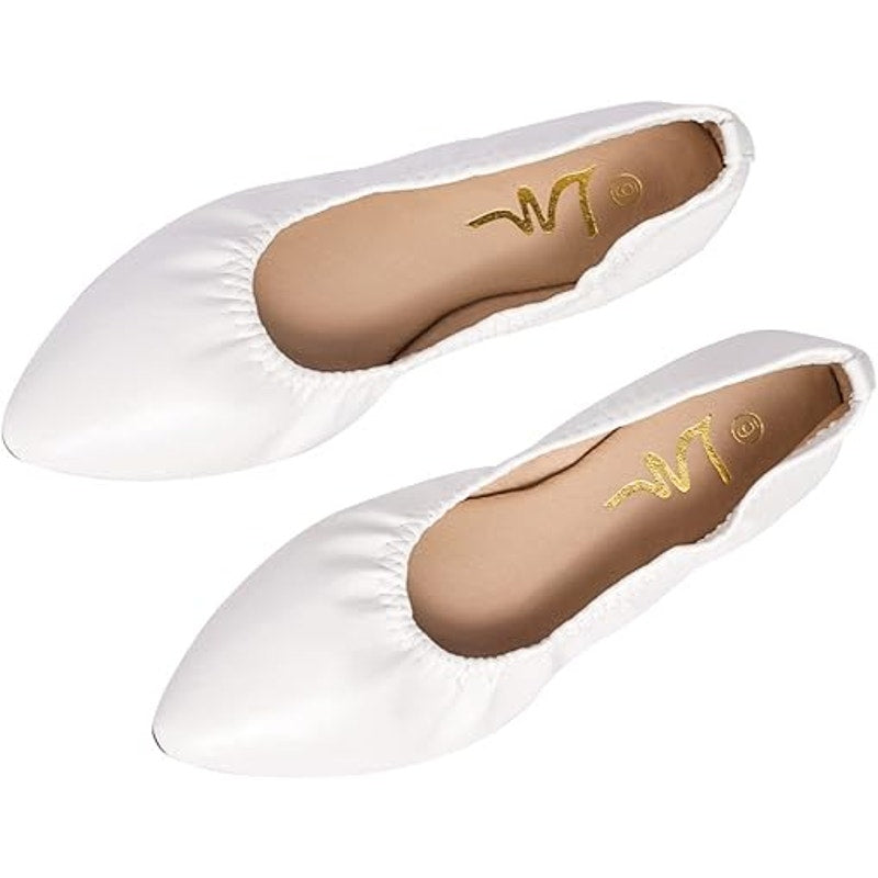 LM Women Size 7 White Faux Leather Elastic Pointy Toe Slide On Ballet Flat Shoes