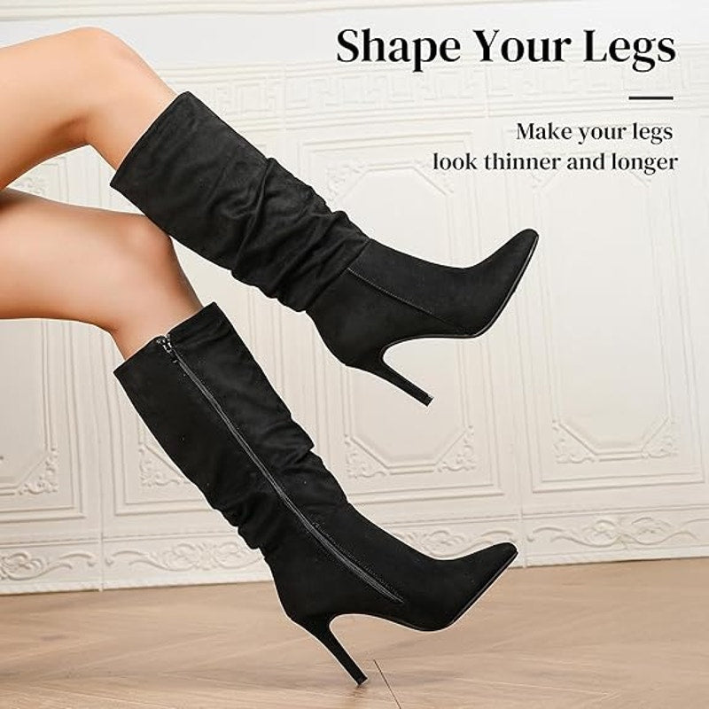 Womens Size 6.5 Black Faux Suede Slouch Stiletto Heel Knee High Pointy Toe Boots