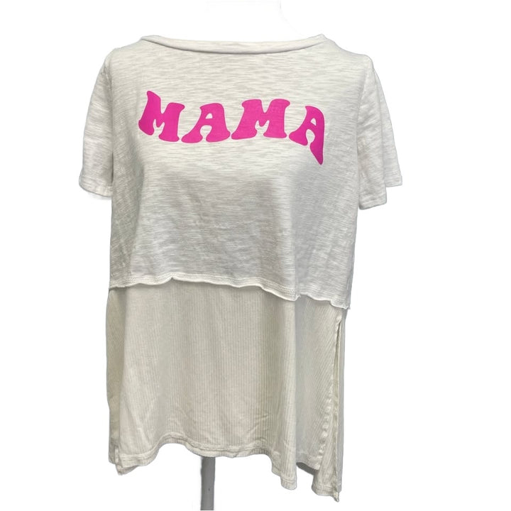 Hand Printed Upcycled Womens Small MAMA Short Sleeve Flowy Blouse Top Shirt