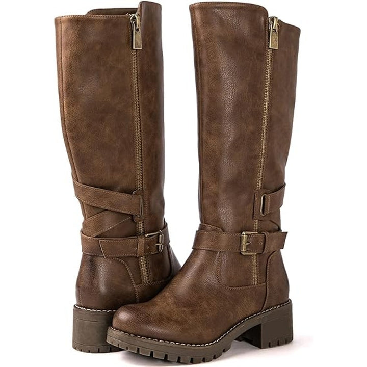 New Global Win Women Size 6.5 Brown Faux Leather Knee High Chunky Low Heel Boots