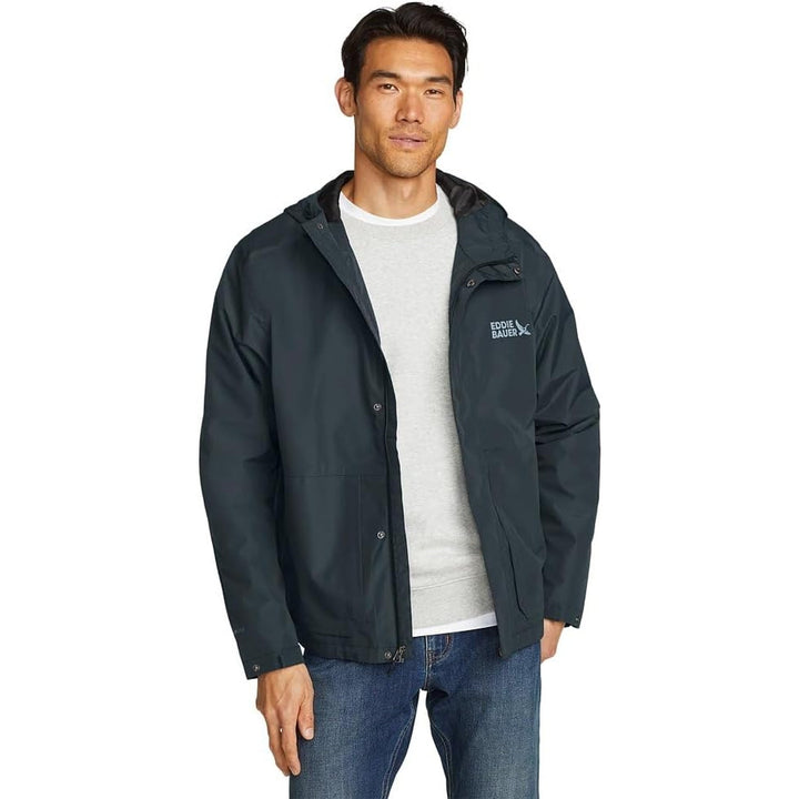 New Eddie Bauer Mens Black Gray Rainfoil Waterproof Packable Hooded Storm Jacket