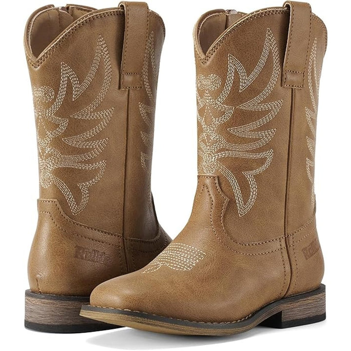Rollda Little Girls Size 11 Brown 1" Heel Cowboy Boots Closed Square Toe Shoes