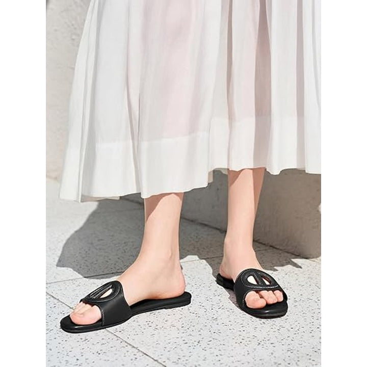 Coutgo Womens Size 7.5 Black Faux Leather Slide On Open Toe Dressy Flat Sandals