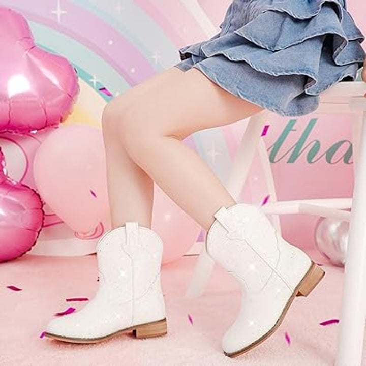 Motasha Toddler Girl 10 White Iridescent Shiny Pull On Western Cowgirl Boots