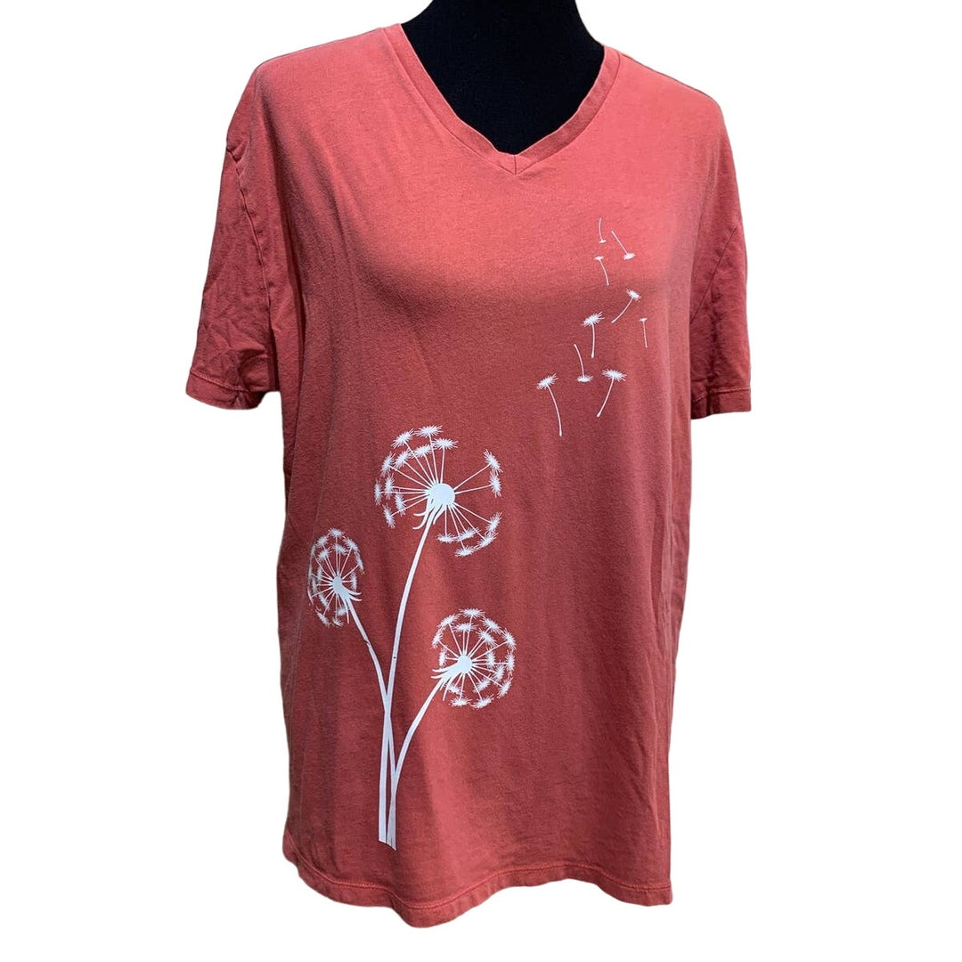 Hand Printed Upcycled Large Dandelion Flower Wish V-Neck 100% Cotton Tee
